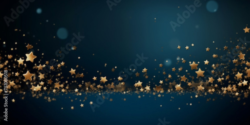 gold stars decorations on blue background, new year festive, christmas banner. empty space for text photo