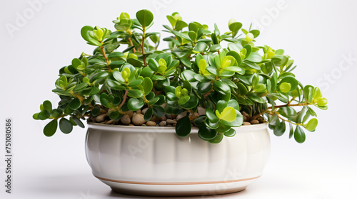 A jade small plant in white pot displaying its vibrant green leaves over white background