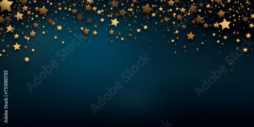 gold stars decorations on blue background, new year festive, christmas banner. empty space for text photo