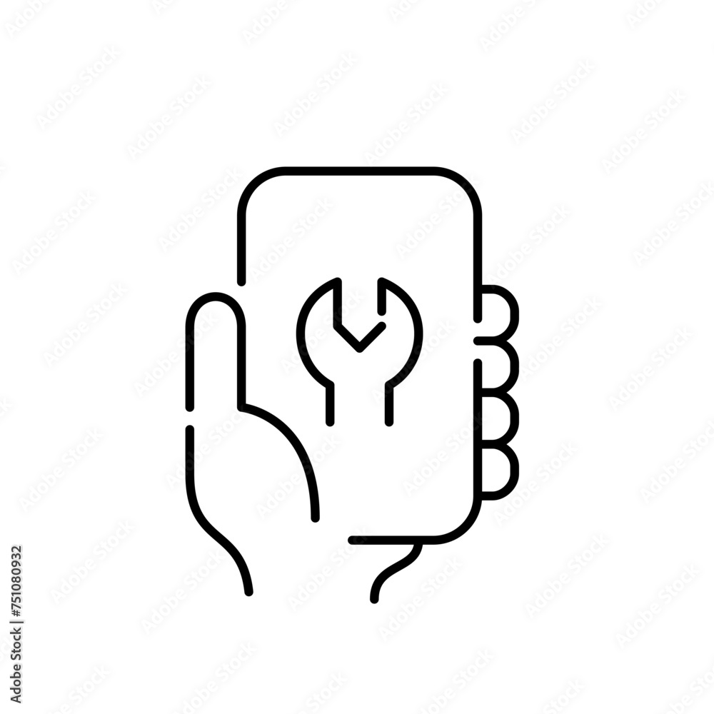 Mobile maintenance. Hand holding smartphone with wrench on screen. Device configuration, optimization. Vector icon Mobile maintenance. Hand holding smartphone with wrench on screen. Device configuration, optimization. Vector icon