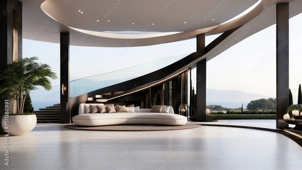 Describe the grand entrance of your modern villa, with sleek Italian design, a dramatic foyer, and an immediate view that takes your breath away Describe the grand entrance of your modern villa, with sleek Italian design, a dramatic foyer, and an immediate view that takes your breath away