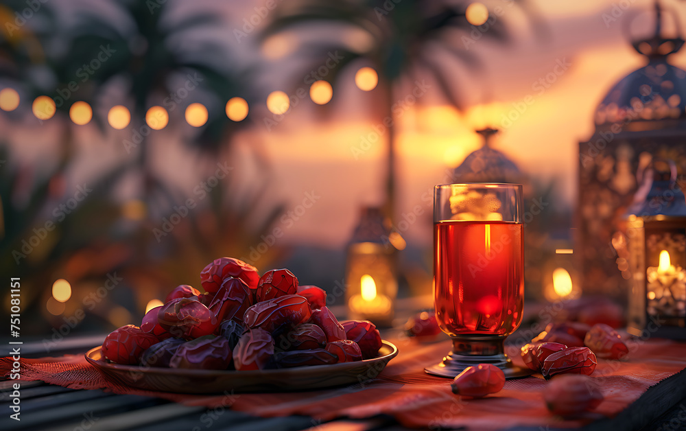 Appetizing Date Palm Fruit Dish Amidst Lantern Lights, Mosque, and Palm Leaves in Evening Glow