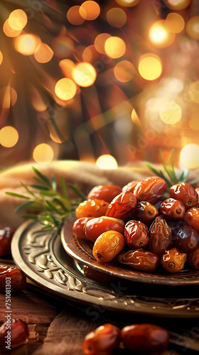 Appetizing date dish on a background of palm leaves and lamp light with beautiful blurred bokeh