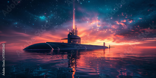 a large navy submarine in the sea with an orange light beam in the sky,the submarine is on the surface of the sea photo