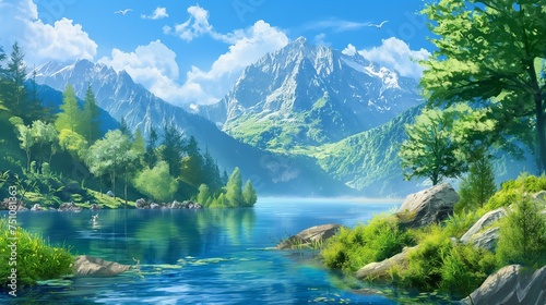 A picturesque mountain scene with a calm river, surrounded by vibrant greenery, against a cloudless blue sky.