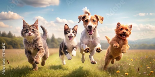 Dogs and cats are running in a field. All are happy and energetic, enjoying their time outdoors. photo