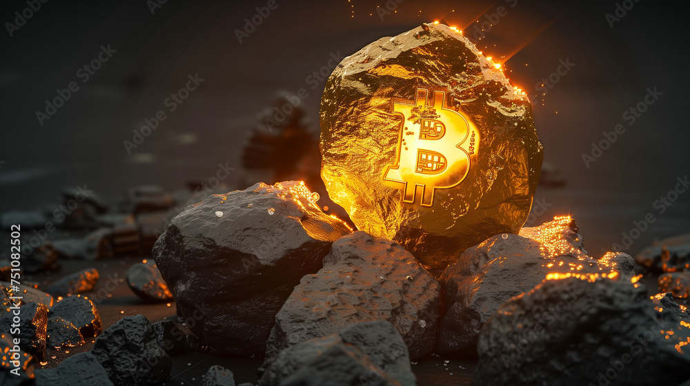Glowing Bitcoin Symbol on Fiery Rock Against Dark Backdrop