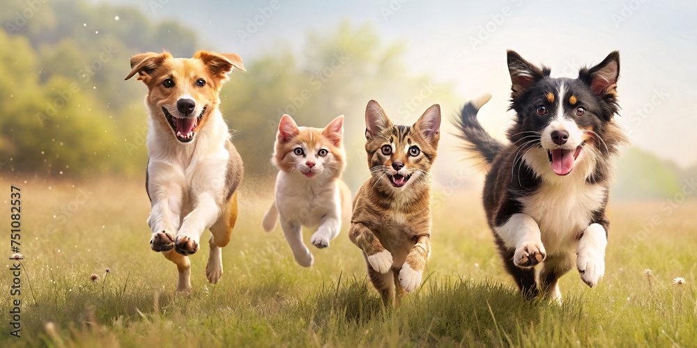 Dogs and cats are running in a field. All are happy and energetic, enjoying their time outdoors.
