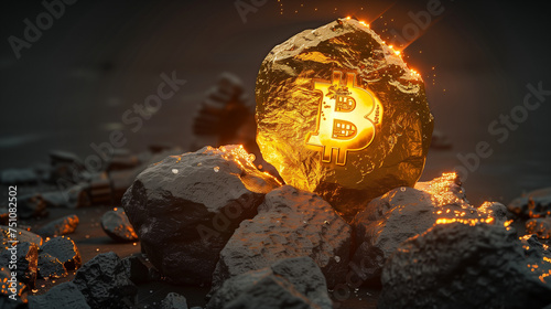 Obraz na płótnie Glowing Bitcoin Symbol on Fiery Rock Against Dark Backdrop w salonie