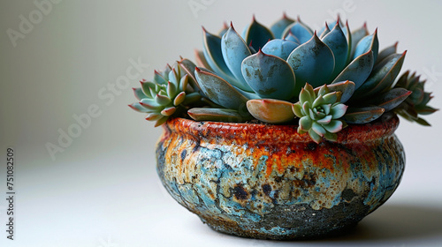 Echeveria succulent thriving in a textured brown pot over spotless background
