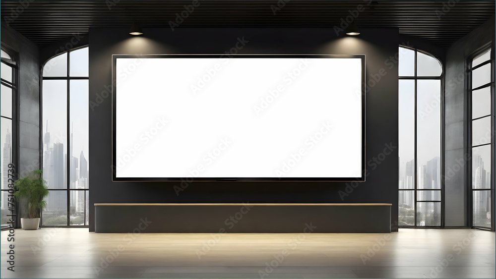 Empty room with blank rectangular horizontal white billboard advertising illuminated by lamps studio. Marketing banner. Blank billboard for advertising placement. Empty room with blank rectangular horizontal white billboard advertising illuminated by lamps studio. Marketing banner. Blank billboard for advertising placement.