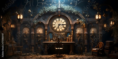 3d rendering of an ancient gothic room with a clock tower