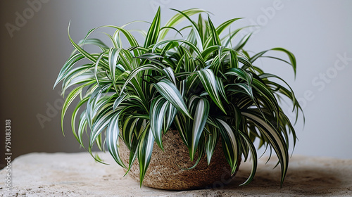 Spider plant housed in a rustic brown pot positioned on white background