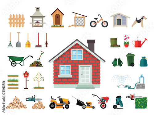 Flat icons of house and equipment needed for yard maintenance. Set of various gardening items.
