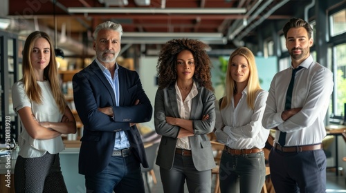 Portrait of successful group of business people at modern office looking at camera. Portrait of happy businessmen and satisfied businesswomen standing as a team. Multiethnic group of people smiling.