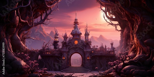 3D illustration of a fantasy fantasy landscape with temples and temples.