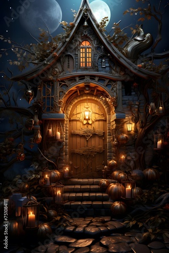 3D illustration of a Halloween witch s house with a full moon