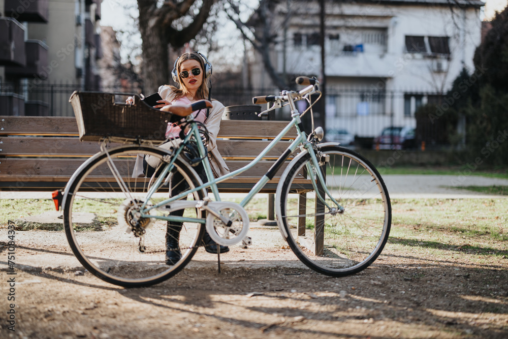 A trendy young female takes a break on a wooden bench in the park, enjoying music on her headphones with her vintage bike beside her.