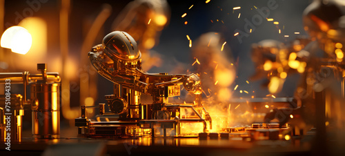 a flaming Tiny cyborg figures are at work on a gold machine transforming it into a miniature gold factory shaped wallpaper design abstract organic colorful background 20:9, ai generative