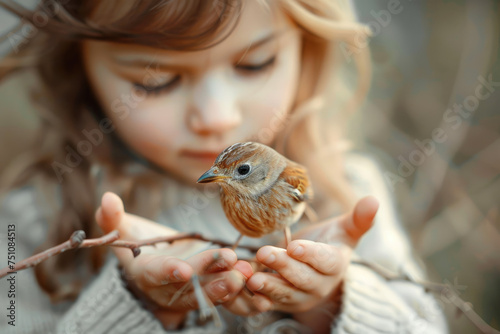 Child girl gently holding a small bird in her hands , animal protection concept, animal lovers