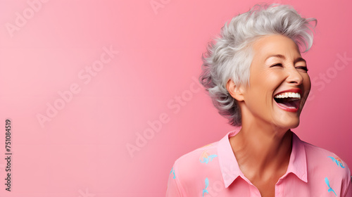 Stylish grandmother smiling on pink background, copy space for text, Generative Ai 