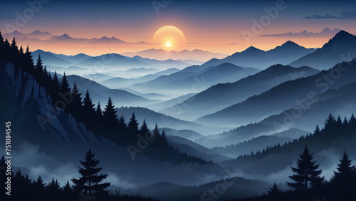 beautiful dark blue mountain landscape with fog and forest © artmozai