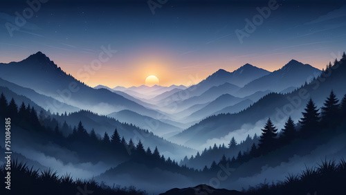 beautiful dark blue mountain landscape with fog and forest