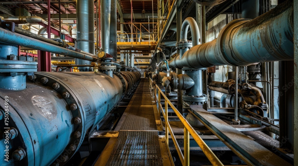 Industrial interior with large pipes and machinery in a factory setting.
