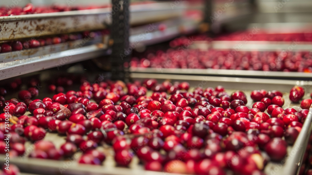 A closeup of plump cranberries spread out on the trays dehydrating to be used in granola or trail mix. - obrazy, fototapety, plakaty 