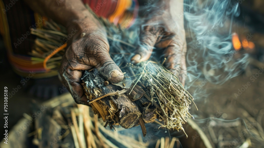 A bundle of smoldering herbs carefully selected and dried for their healing properties being used to cleanse and purify a patient in tribal medicinal practices.