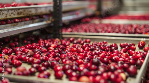 A closeup of plump cranberries spread out on the trays dehydrating to be used in granola or trail mix.