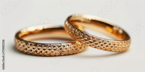 two gold wedding rings on white background,