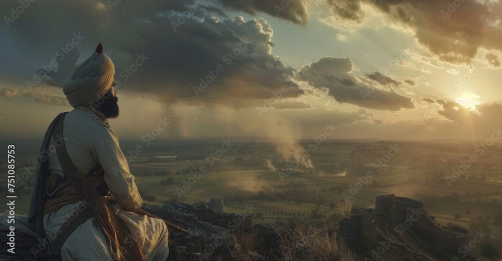 Standing atop a hill a Sikh warrior surveys the battlefield his face calm and composed as he assesses the situation. - obrazy, fototapety, plakaty 