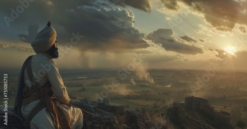 Standing atop a hill a Sikh warrior surveys the battlefield his face calm and composed as he assesses the situation.