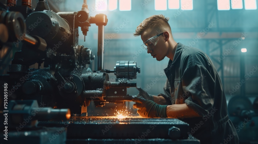 Manual control. Young metal engineer in protective glass working on milling machine Manual control. Young metal engineer in protective glass working on milling machine