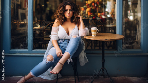 Happy beautiful plus size woman in city cafe