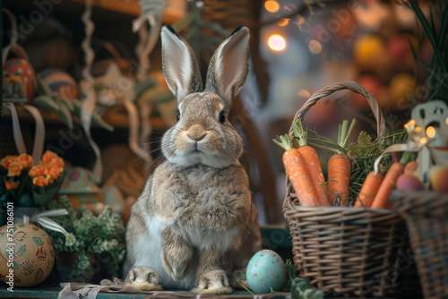 Easter Bunny with Carrots and Festive Decorations