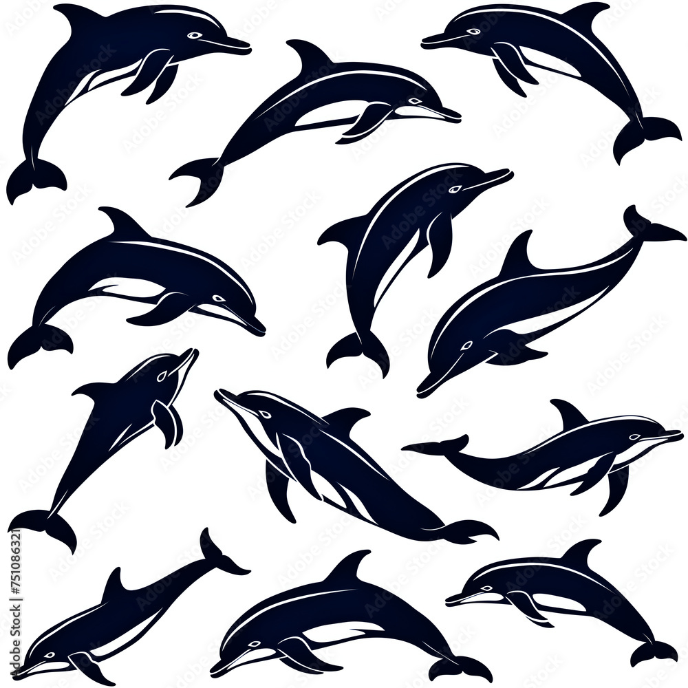 set of silhouettes of dolphin on white set of silhouettes of dolphin on white