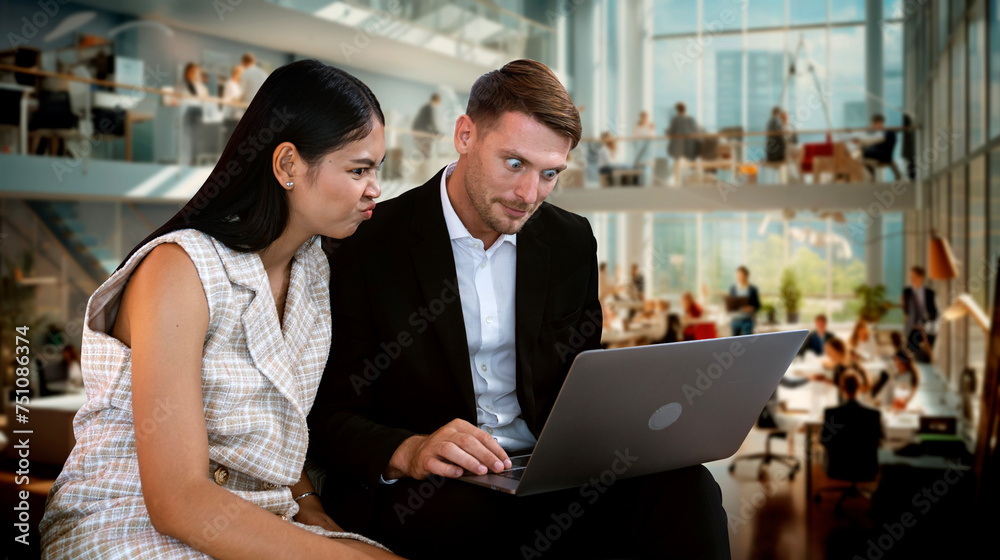 two business people excite face looking laptop two business people excite face looking laptop