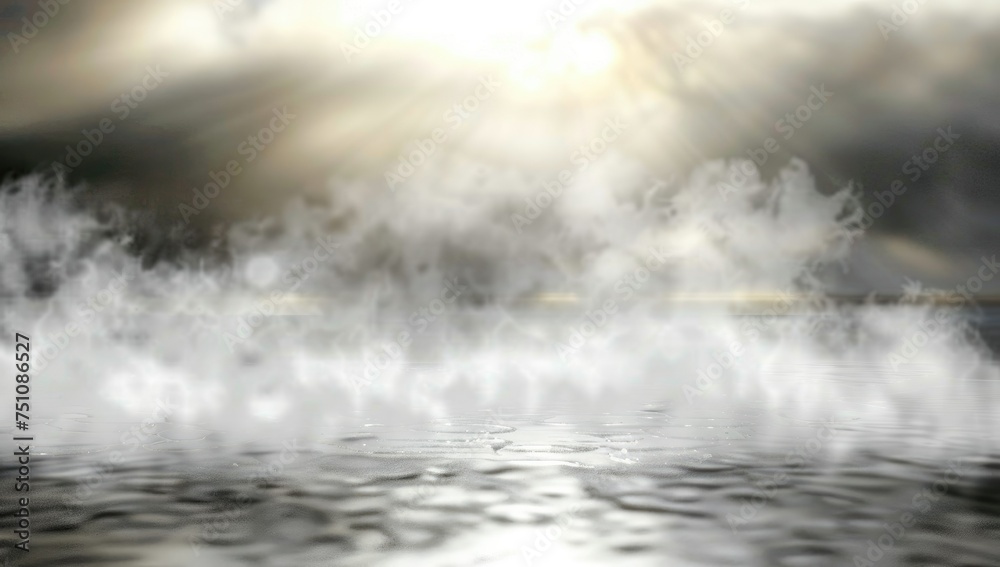 Misty waters with sunlight piercing through clouds, creating a serene and mystical atmosphere.