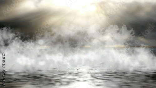 Misty waters with sunlight piercing through clouds, creating a serene and mystical atmosphere.