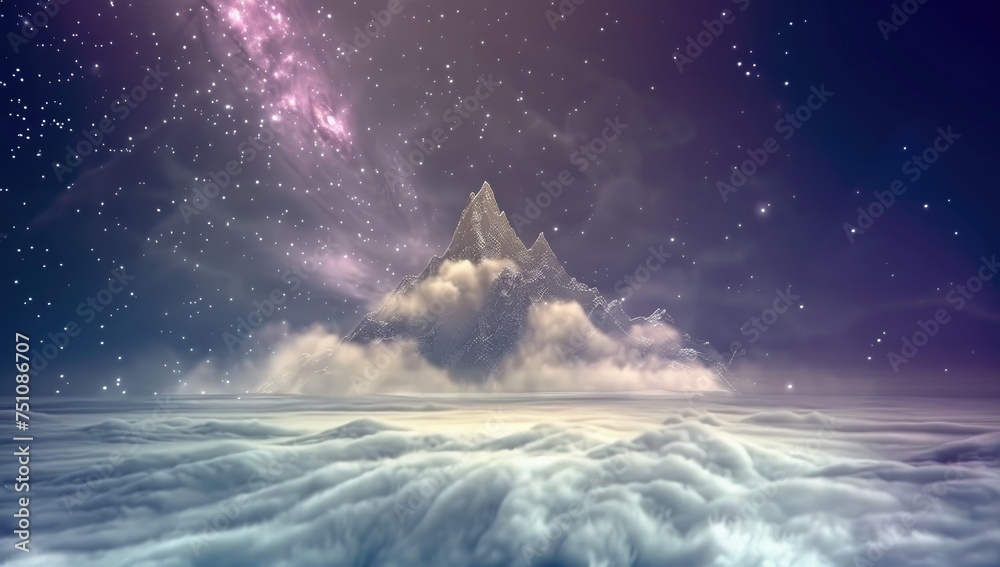 Majestic mountain peak rising above clouds under starry night sky with galaxy.