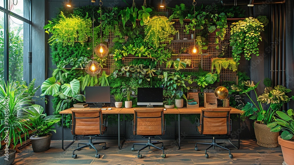 This simple yet cozy office environment is given life by hanging plants.