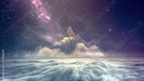 Majestic mountain peak rising above clouds under starry night sky with galaxy.