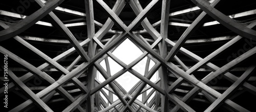 A black and white image capturing the towering structure of roof truss supports arranged in a radial pattern, emphasizing their impressive height and architectural design.
