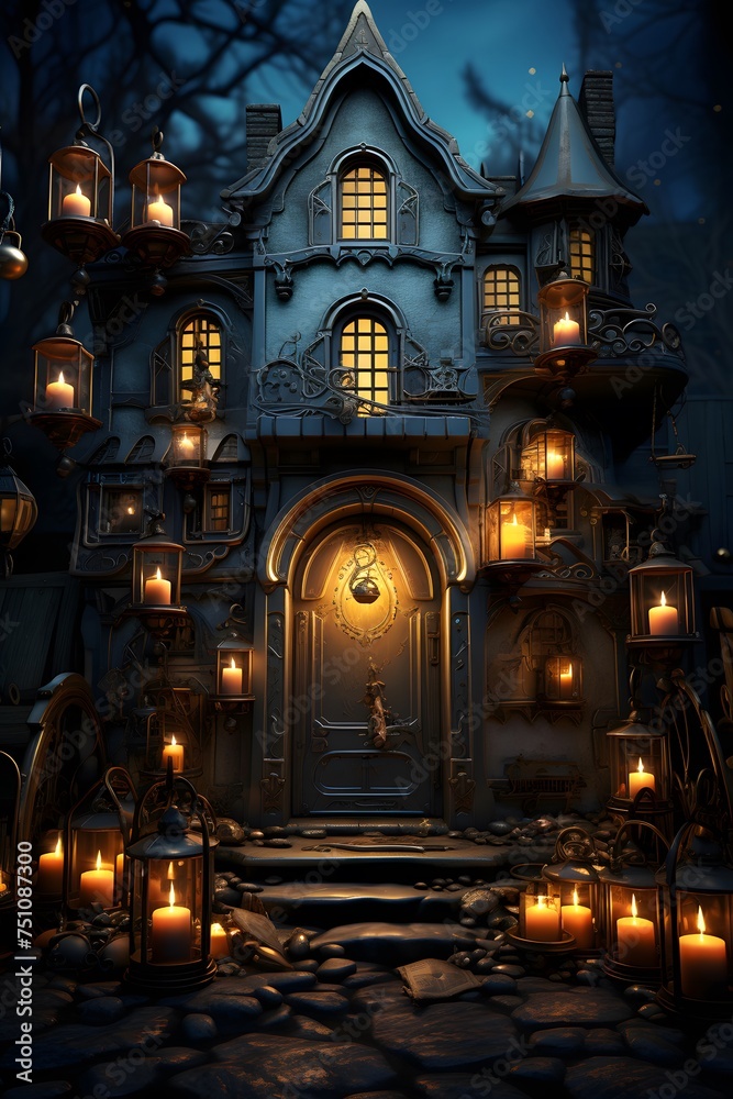 Halloween scene with haunted house and candles. 3D rendering.