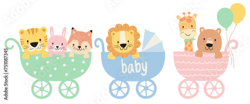 Cute baby animals in strollers vector illustration. Baby shower and nursery art of baby tiger, lion, fox, bear, giraffe, and bunny in baby carriage. © JungleOutThere