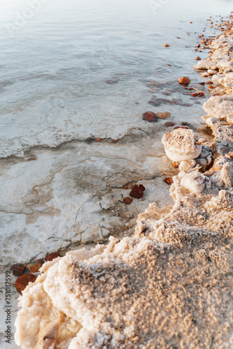 Dead sea salt formations shoreline photo