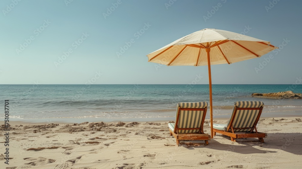 An empty beach with two sun loungers and an umbrella from the sun. Hello summer!