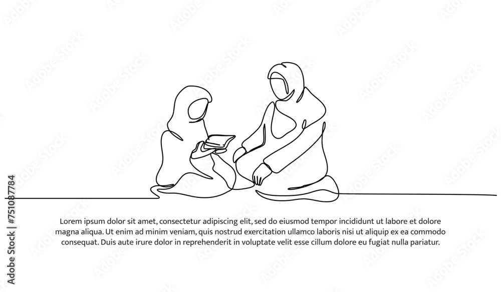 Vector illustration of muslim teach young children to recite the Al-Qur'an. Modern flat in continuous line style.
